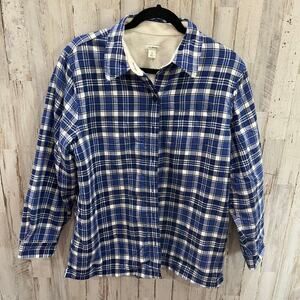 LL Bean Fleece Sherpa Lined Snap Front Flannel Shirt Dark Blue Plaid MP
